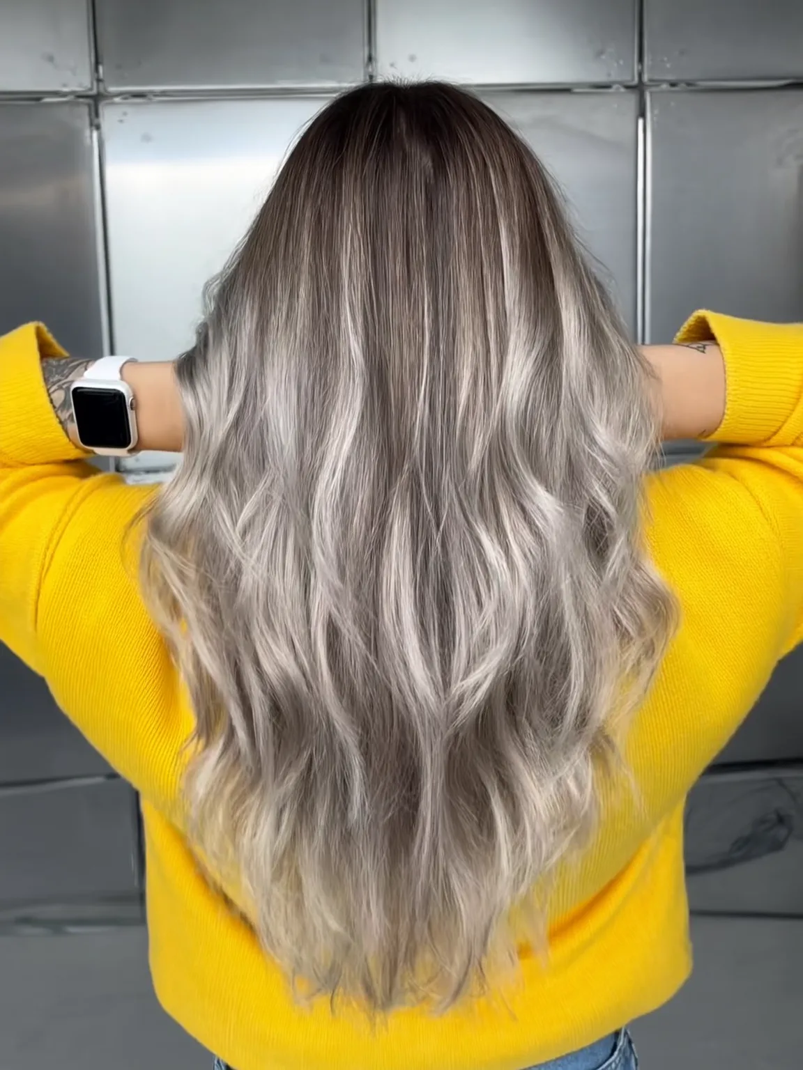 Wavy Silver Frost Layers with Dark Root Contrast
